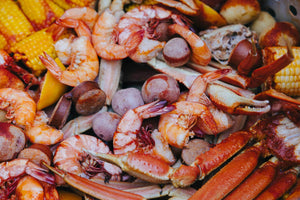 A close view of a seafood boil