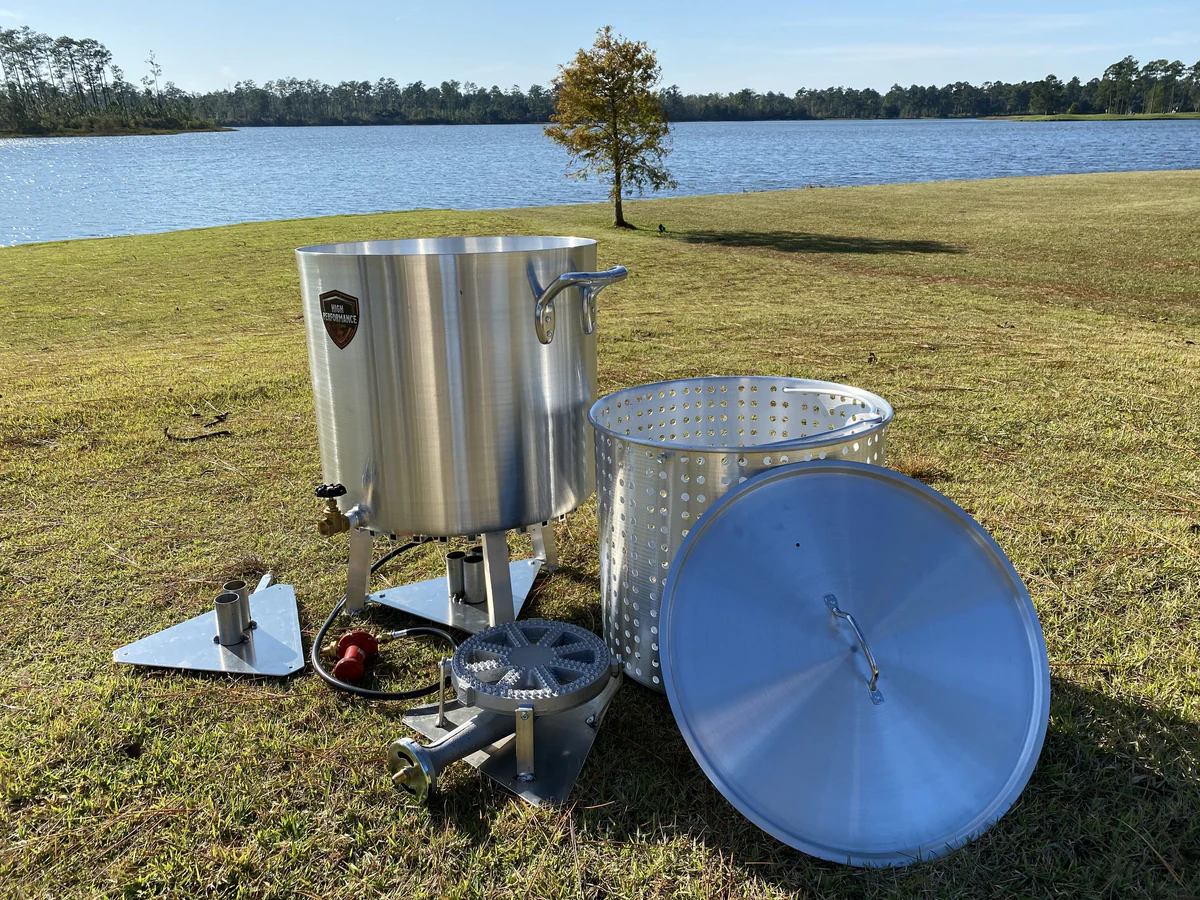 crawfish boiling supplies on the grass